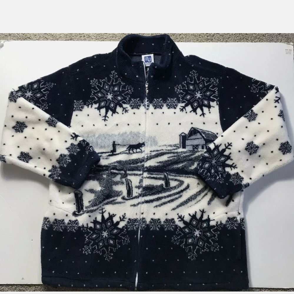 VINTAGE ART UNLIMITED SPORTSWEAR ZIP UP FLEECE JACKET SWEATER WINTER SCENE XL